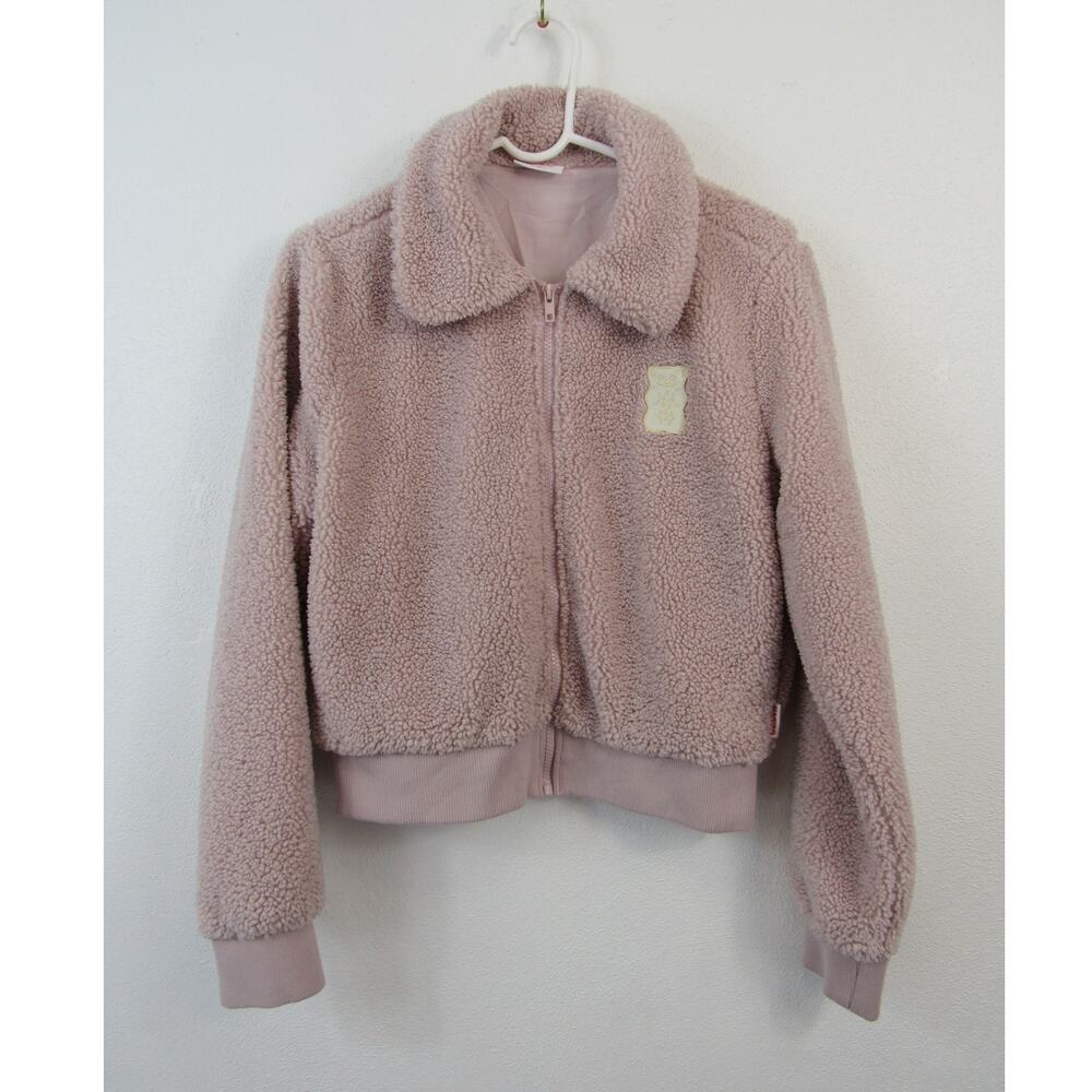 Haribo Medium Baby Pink Juniors Fleece Teddy Crop Zip Up Lined Jacket Blush
